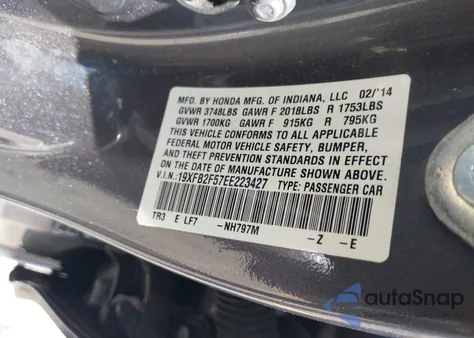 2014 Honda Civic Lx из США, поврежденный, VIN 19XFB2F57EE223427